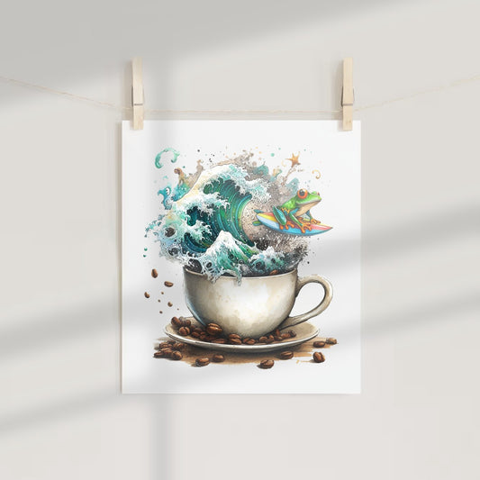 Surfing Frog Riding Coffee Wave Artistic Print