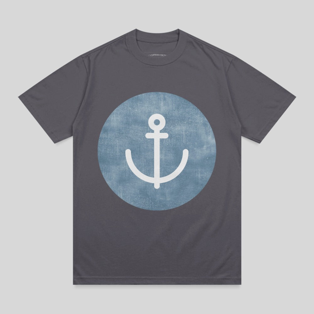 Grey t-shirt with a white anchor logo on a blue circle.