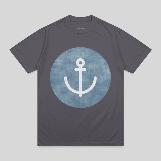 Grey t-shirt with a white anchor logo on a blue circle.