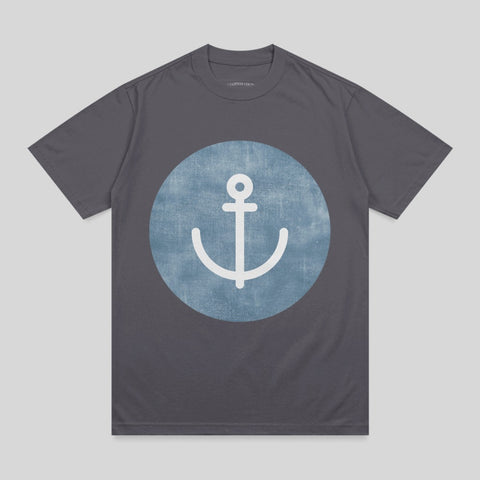 Grey t-shirt with a white anchor logo on a blue circle.