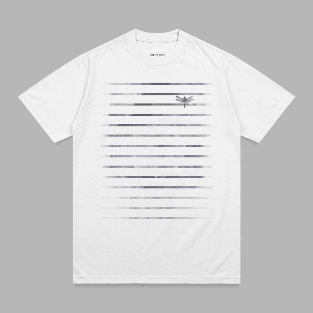 White t-shirt with horizontal gray stripes and a dragonfly silhouette.