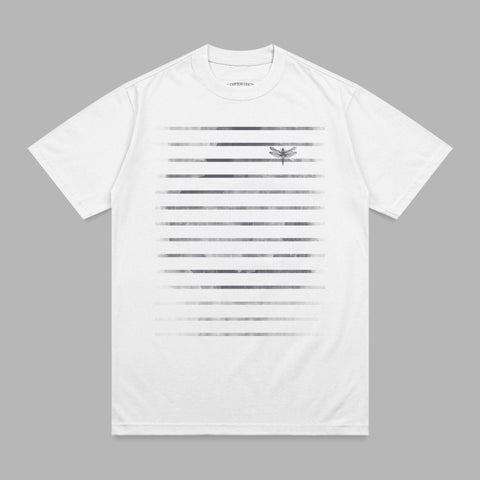 White t-shirt with horizontal gray stripes and a dragonfly silhouette.