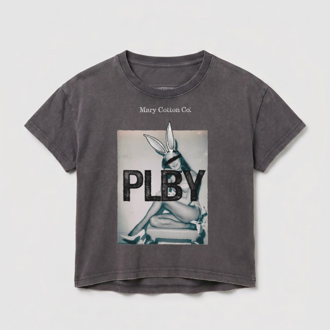 Dark grey t-shirt with bunny ears graphic and "PLBY" text.