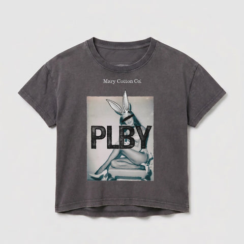 Dark grey t-shirt with bunny ears graphic and "PLBY" text.