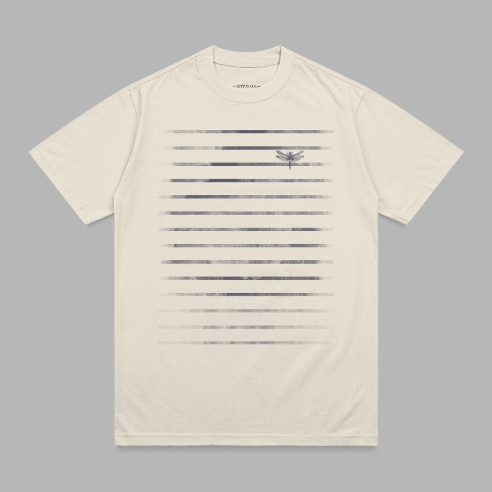 Cream t-shirt with horizontal grey stripes and a dragonfly graphic.
