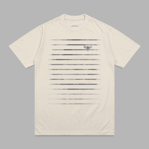 Cream t-shirt with horizontal grey stripes and a dragonfly graphic.
