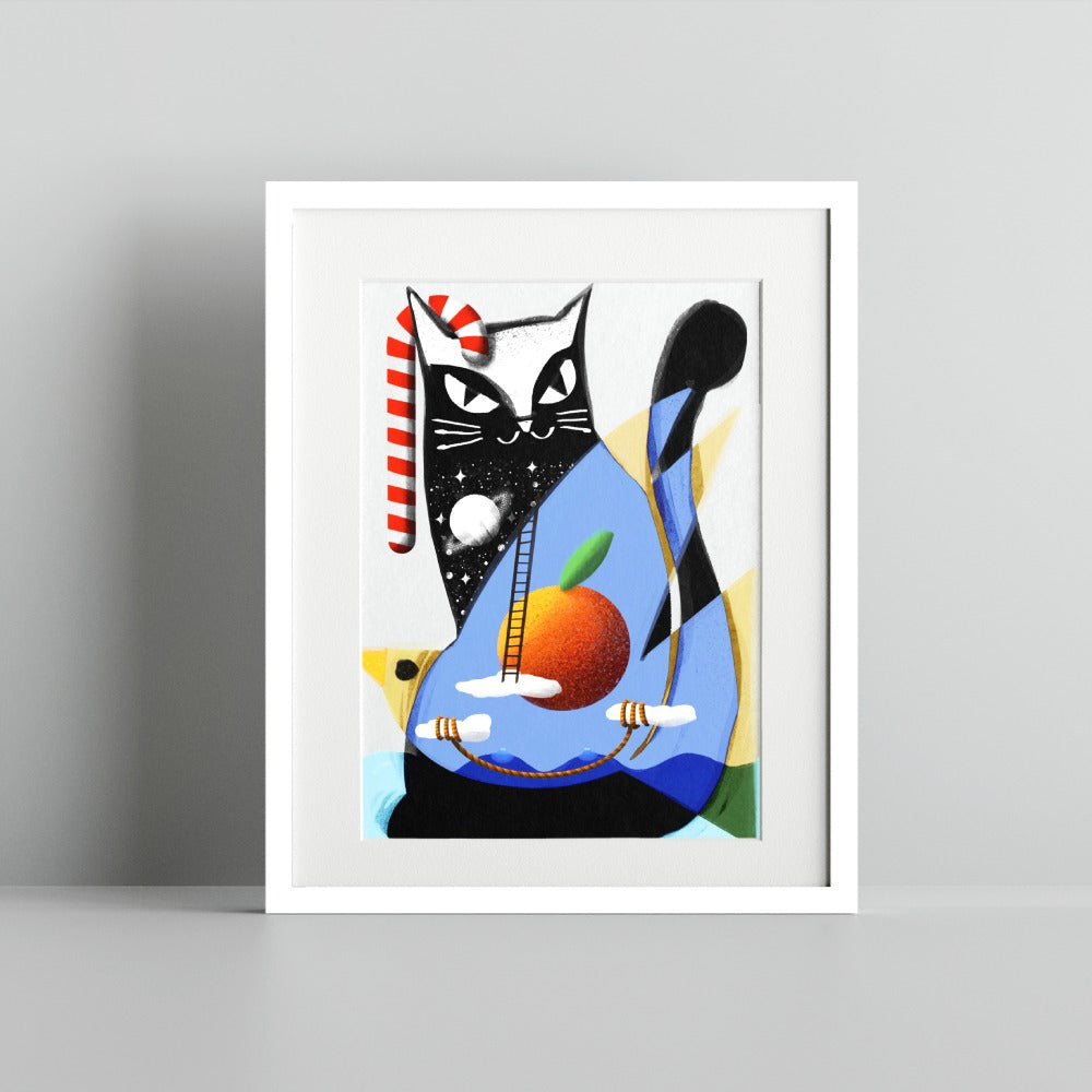 Abstract Cat and Fruit Art Print Framed Wall Decor Decor