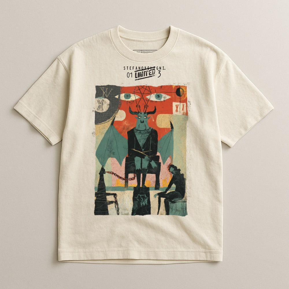 T-shirt with abstract illustration of a horned figure and seated person.