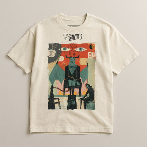 T-shirt with abstract illustration of a horned figure and seated person.