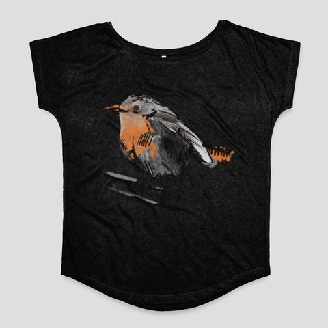 Artistic Bird Illustration on Black Women's Tee