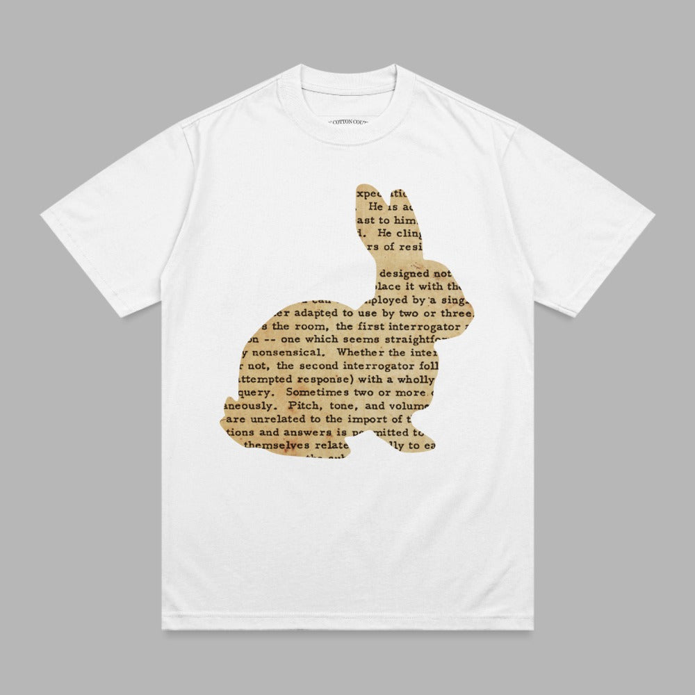 White t-shirt with a rabbit silhouette filled with text.