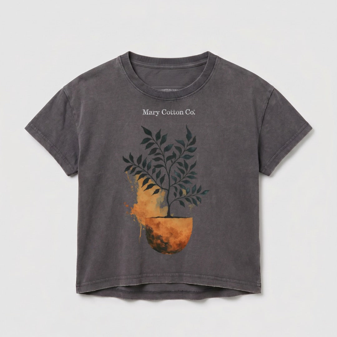Gray t-shirt with a stylized tree growing from a half-circle.