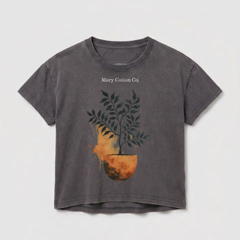 Gray t-shirt with a stylized tree growing from a half-circle.