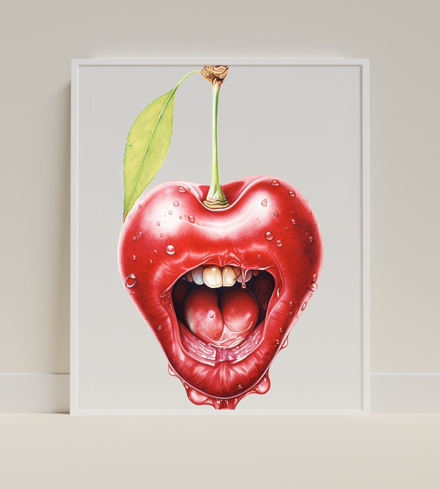 Surreal Mouth and Cherry Poster Unique Art Print