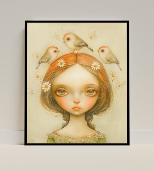 Whimsical Girl with Birds and Flowers Poster