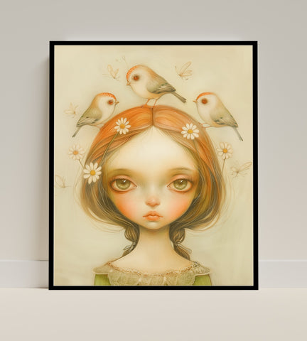 Whimsical Girl with Birds and Flowers Poster