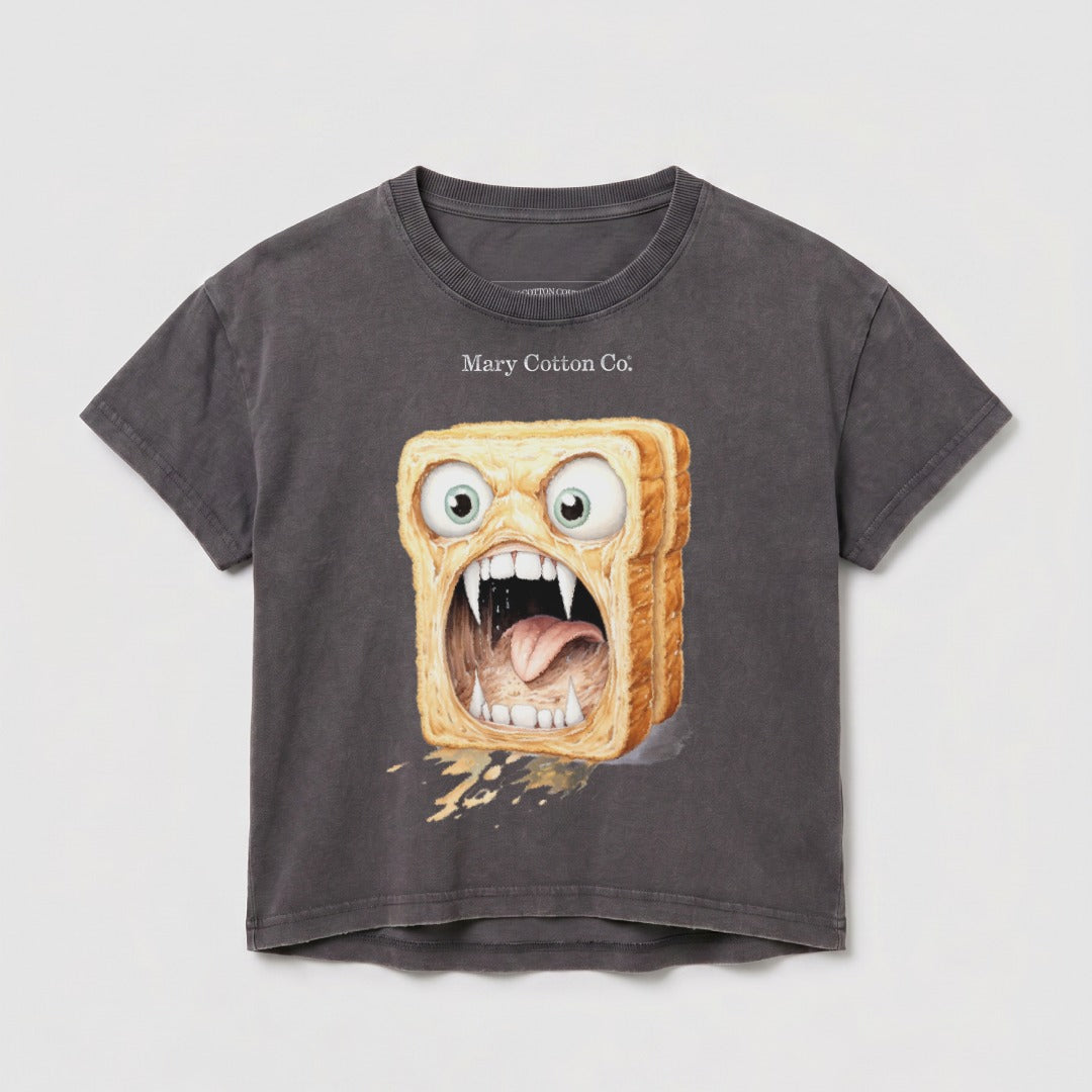 Graphic t-shirt with a cartoon piece of toast with a screaming face.