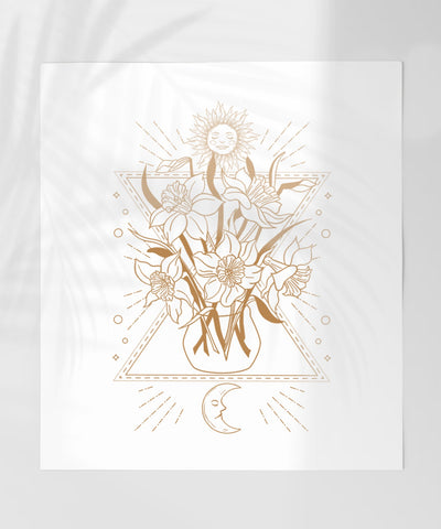 Sun and Moon Floral Art Print with Geometric Design