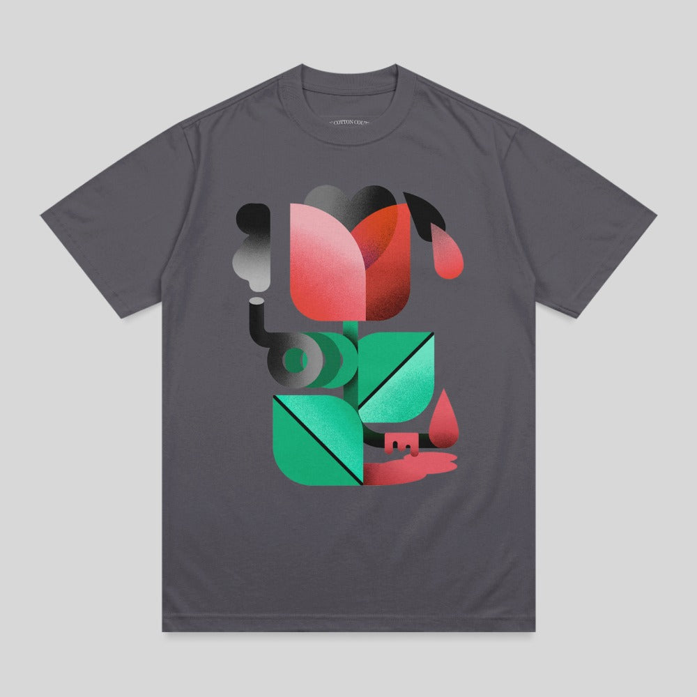 Dark grey t-shirt with abstract graphic of plant and hand.