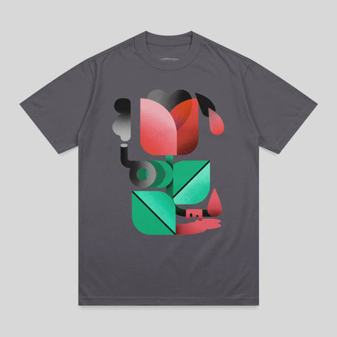 Dark grey t-shirt with abstract graphic of plant and hand.