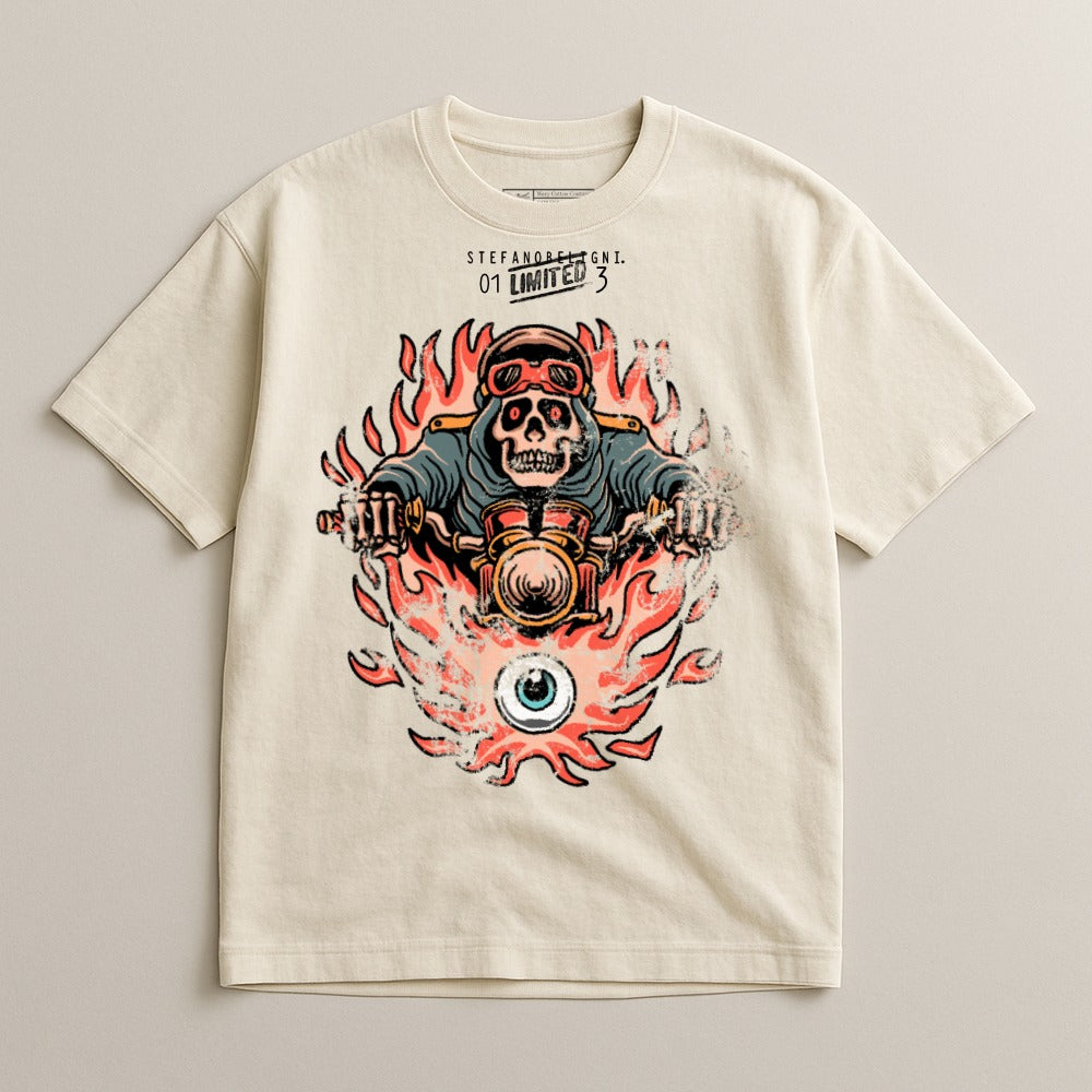 Skull Rider Flaming Motorcycle Graphic T-Shirt