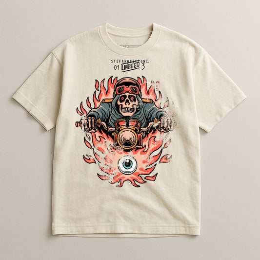 Skull Rider Flaming Motorcycle Graphic T-Shirt