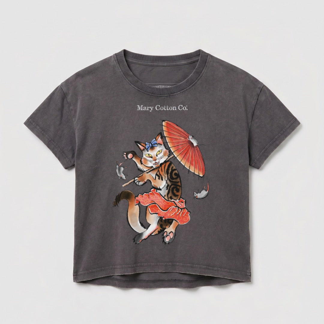 Cat in kimono holding umbrella and playing with fish, "Mary Cotton Co." text.