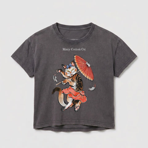 Cat in kimono holding umbrella and playing with fish, "Mary Cotton Co." text.