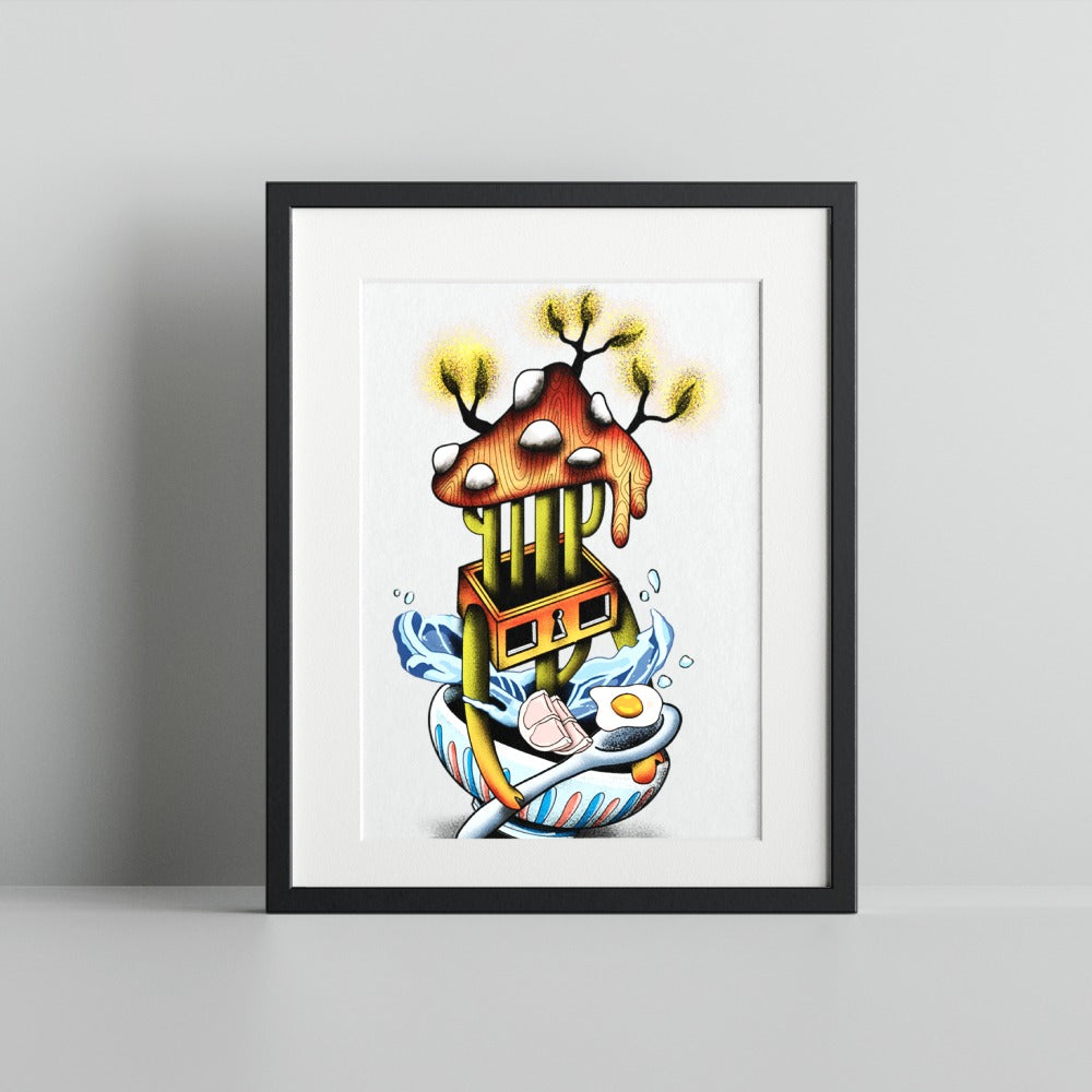 Surreal Mushroom House with Splashing Water Wall Art