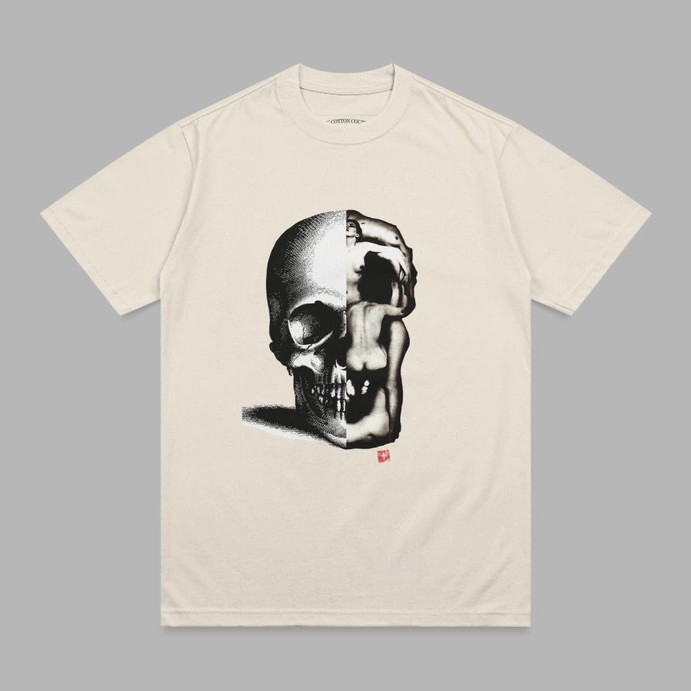 T-shirt with a half-skull and half-human figure graphic.