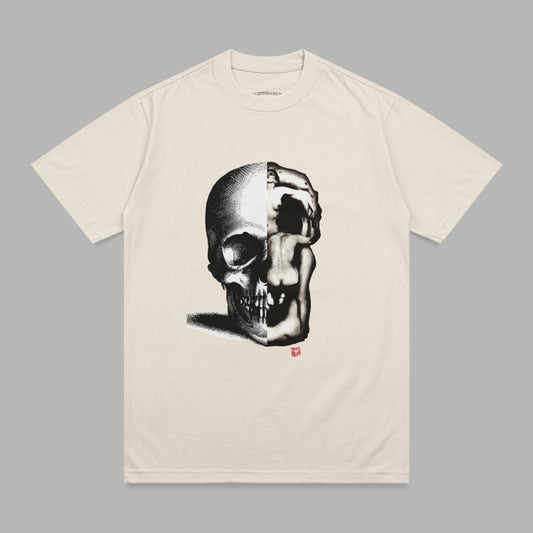 T-shirt with a half-skull and half-human figure graphic.