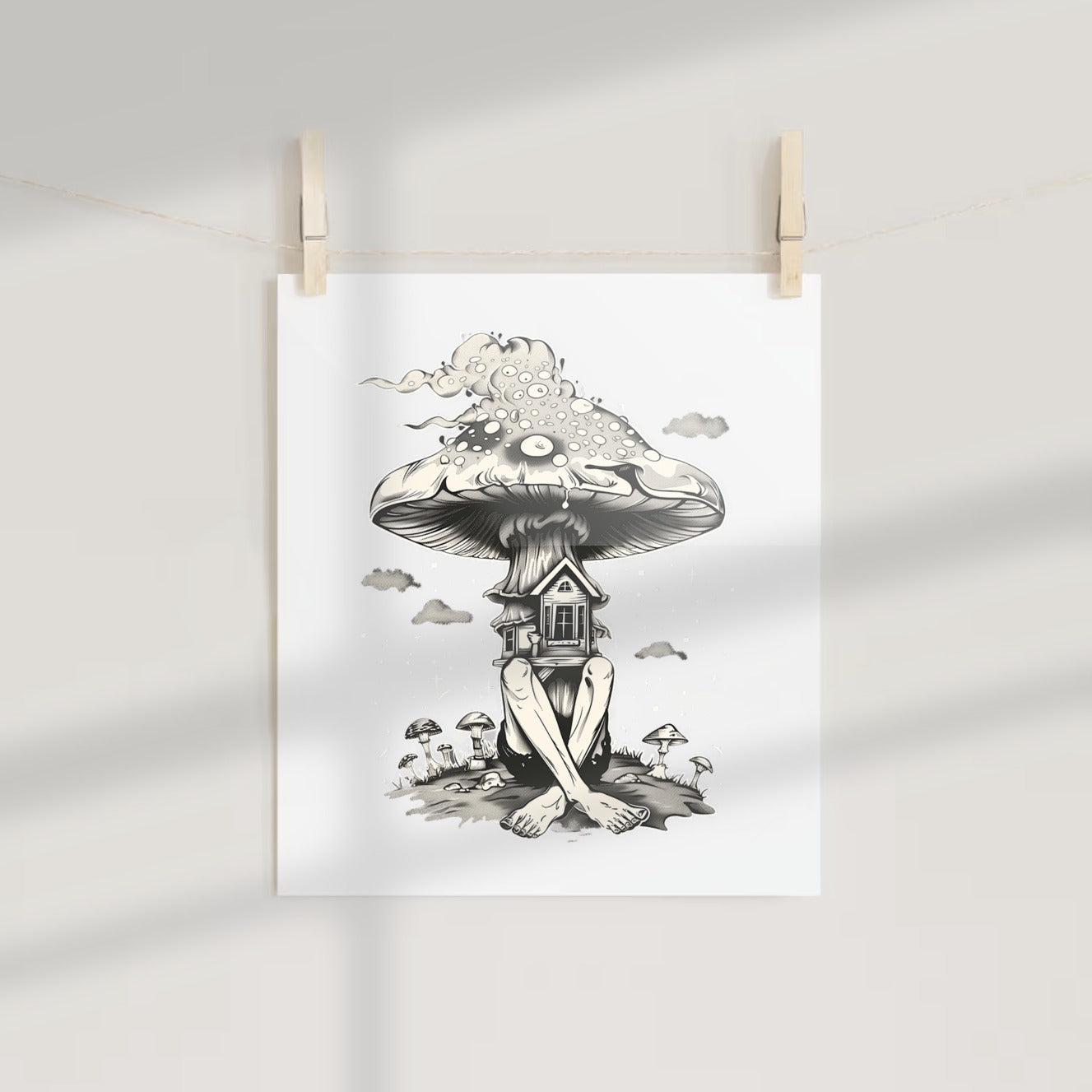 Surreal Mushroom House with Human Figure Art Print