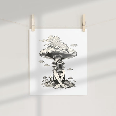 Surreal Mushroom House with Human Figure Art Print