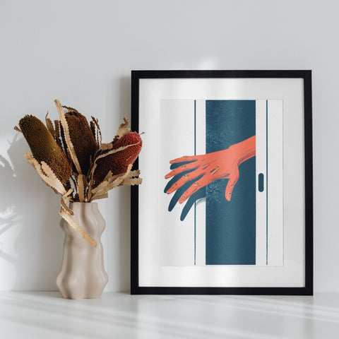 Hand Reaching in Doorway Artistic Framed Print