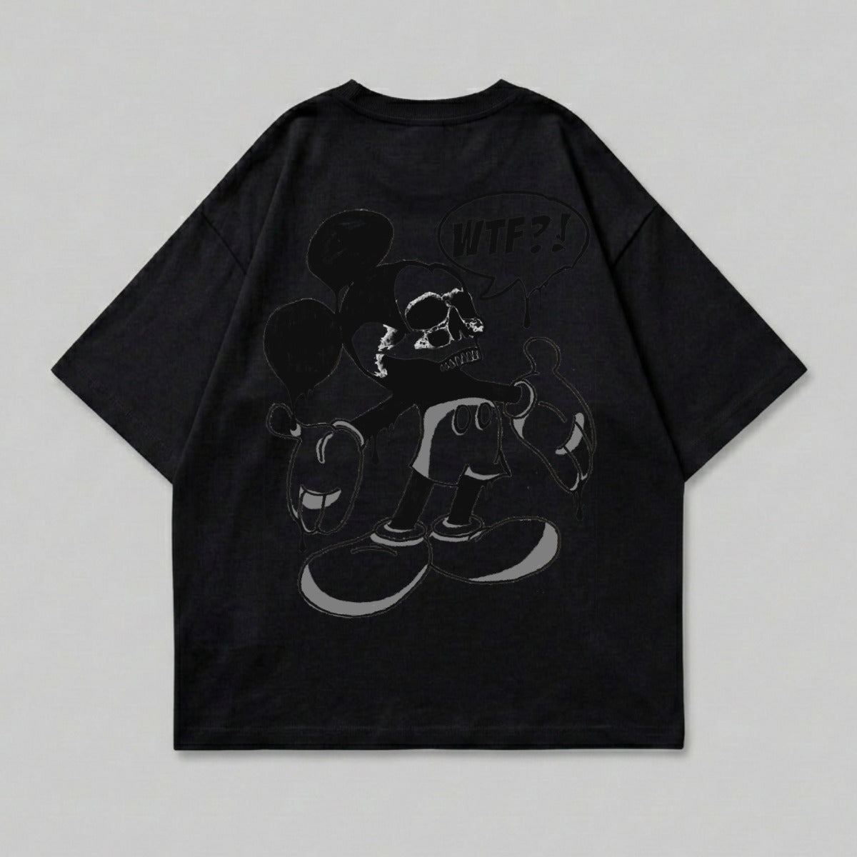 Black t-shirt with a distressed Mickey Mouse skull graphic and "WTF?" speech bubble.