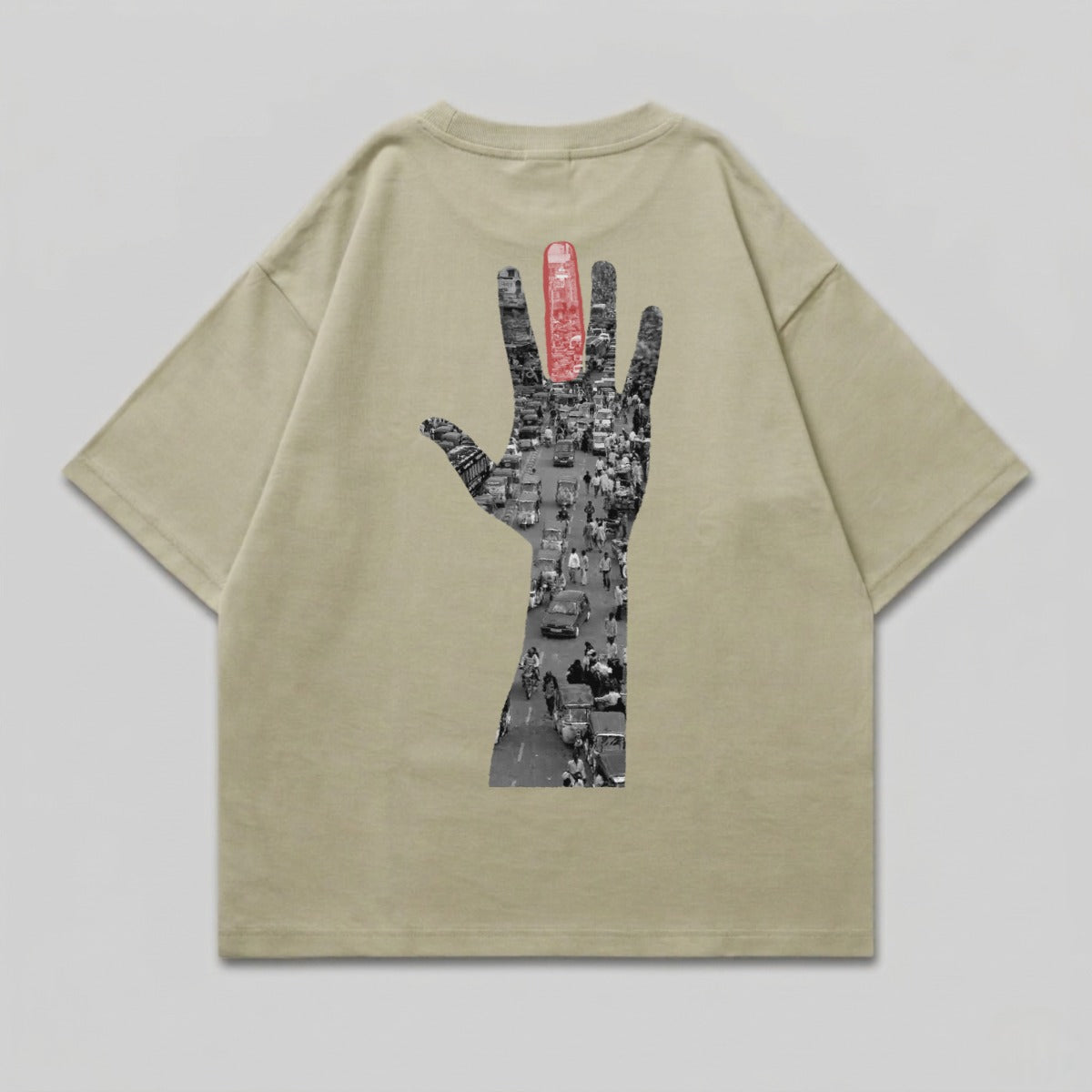 T-shirt with graphic of traffic filling the shape of an open hand.