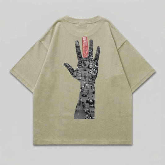 T-shirt with graphic of traffic filling the shape of an open hand.