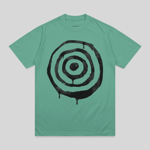 Teal t-shirt with a black concentric circle drip graphic.