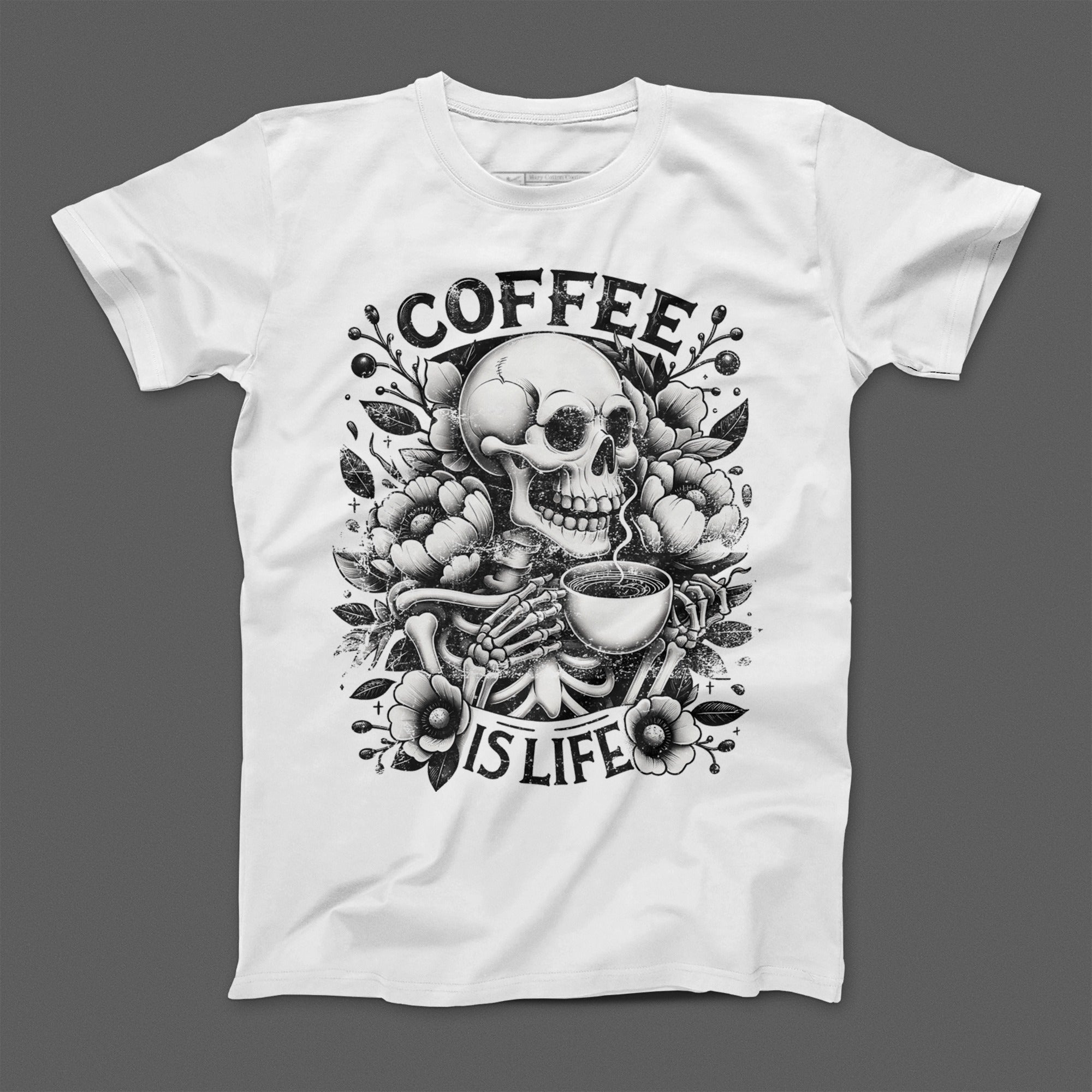 Coffee Is Life Skull and Flowers Graphic T-Shirt
