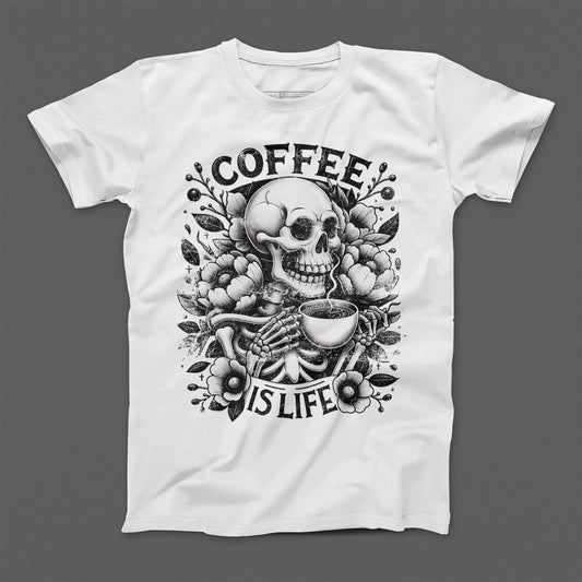 Coffee Is Life Skull and Flowers Graphic T-Shirt