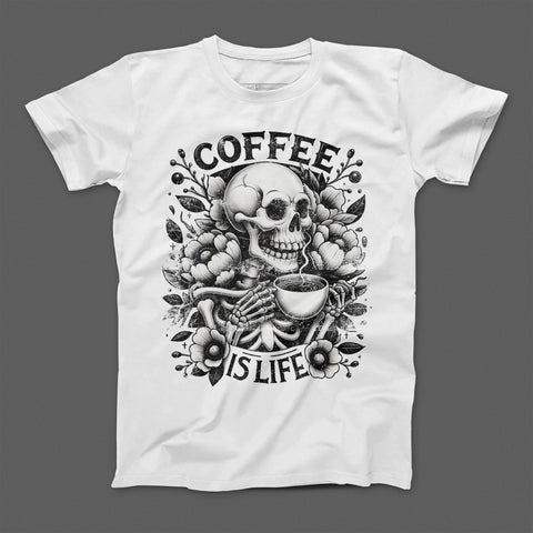 Coffee Is Life Skull and Flowers Graphic T-Shirt