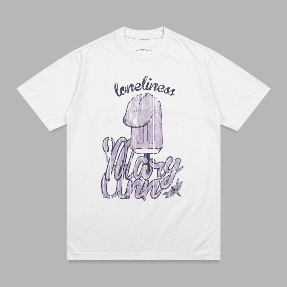 White t-shirt with "loneliness" and "Mary Anne" text and a popsicle graphic.
