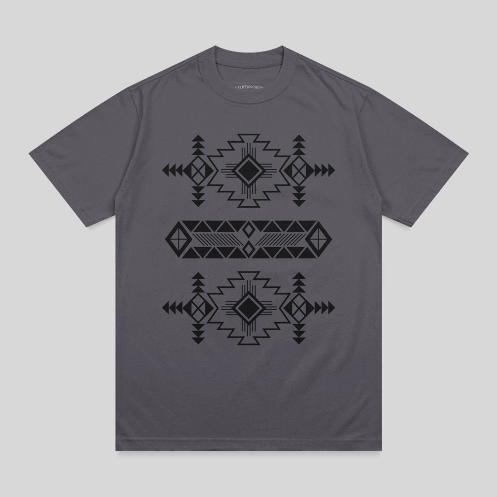 Gray t-shirt with black geometric Aztec-inspired pattern across the chest.