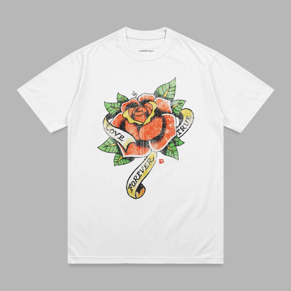 White t-shirt with a vintage rose and ribbon tattoo graphic.