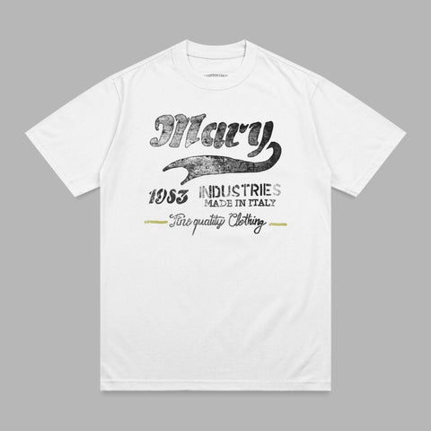 White t-shirt with "Mary 1953 Industries" and "Fine Quality Clothing" text.