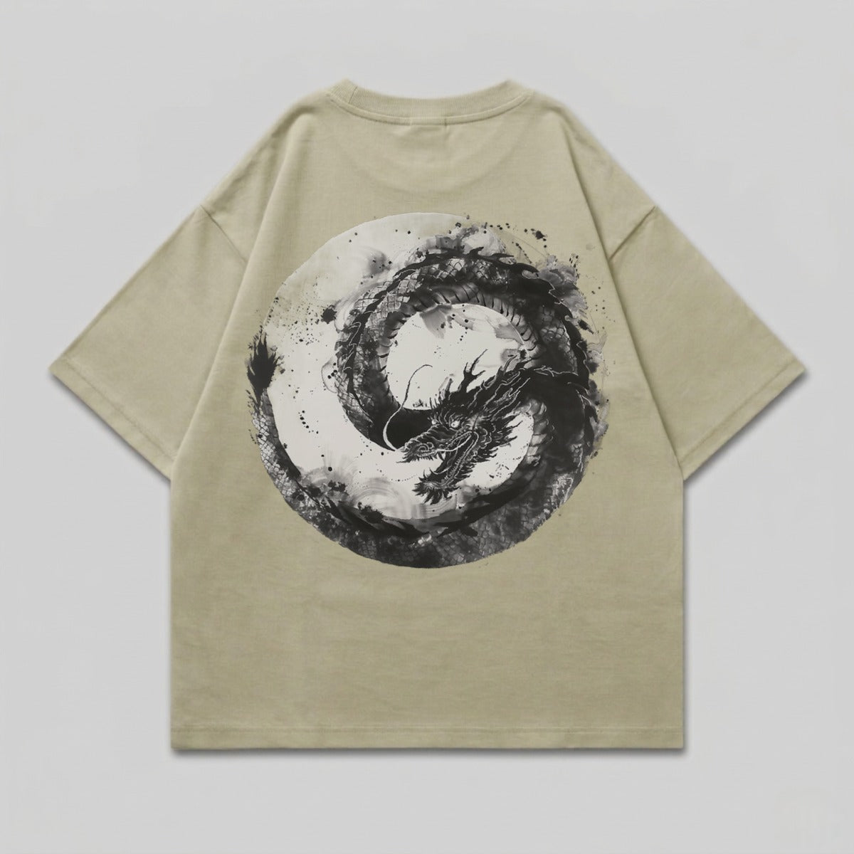 Dragon ink wash circle beige artistic t-shirt product type
