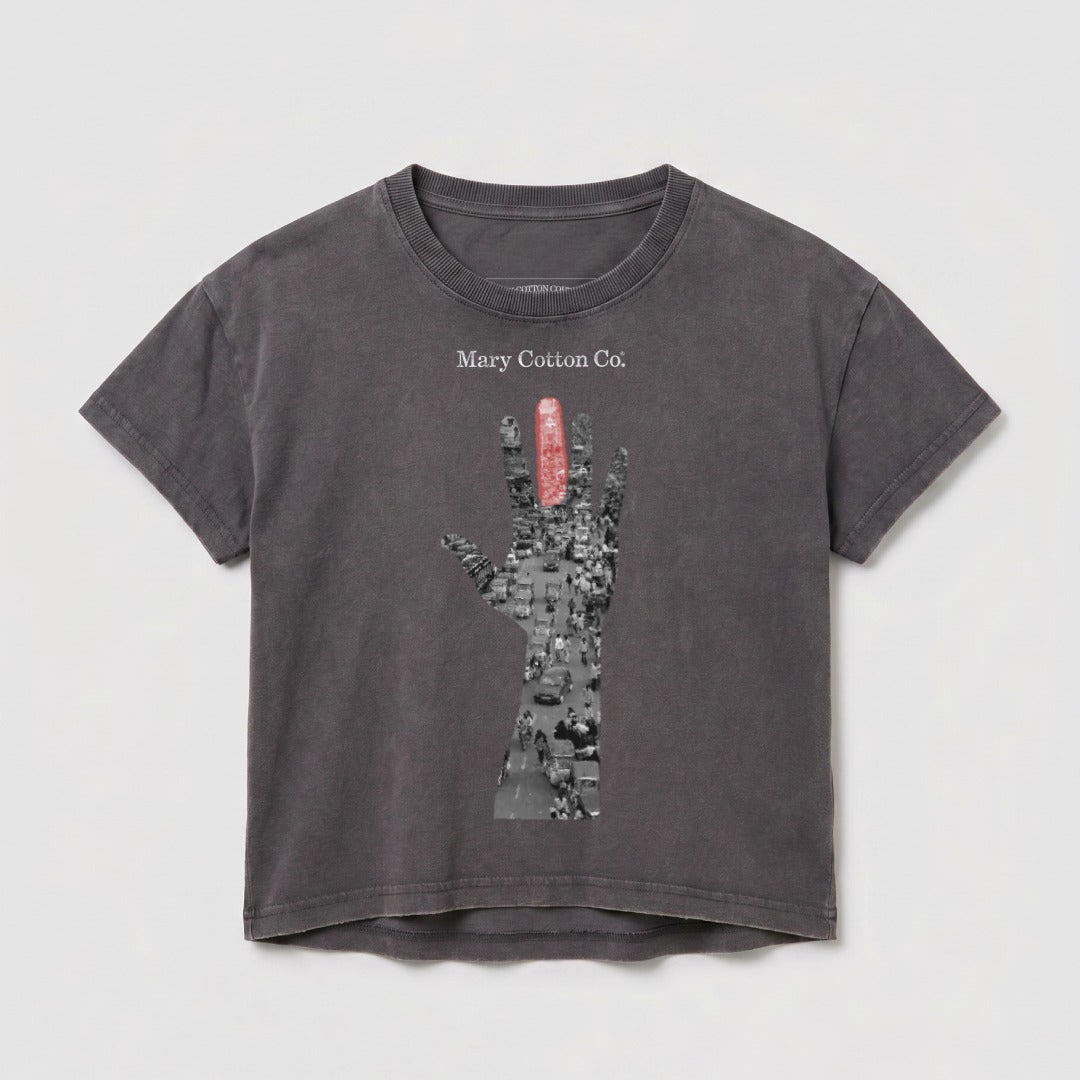 Gray t-shirt with "Mary Cotton Co." and a hand holding a red object over a city street.