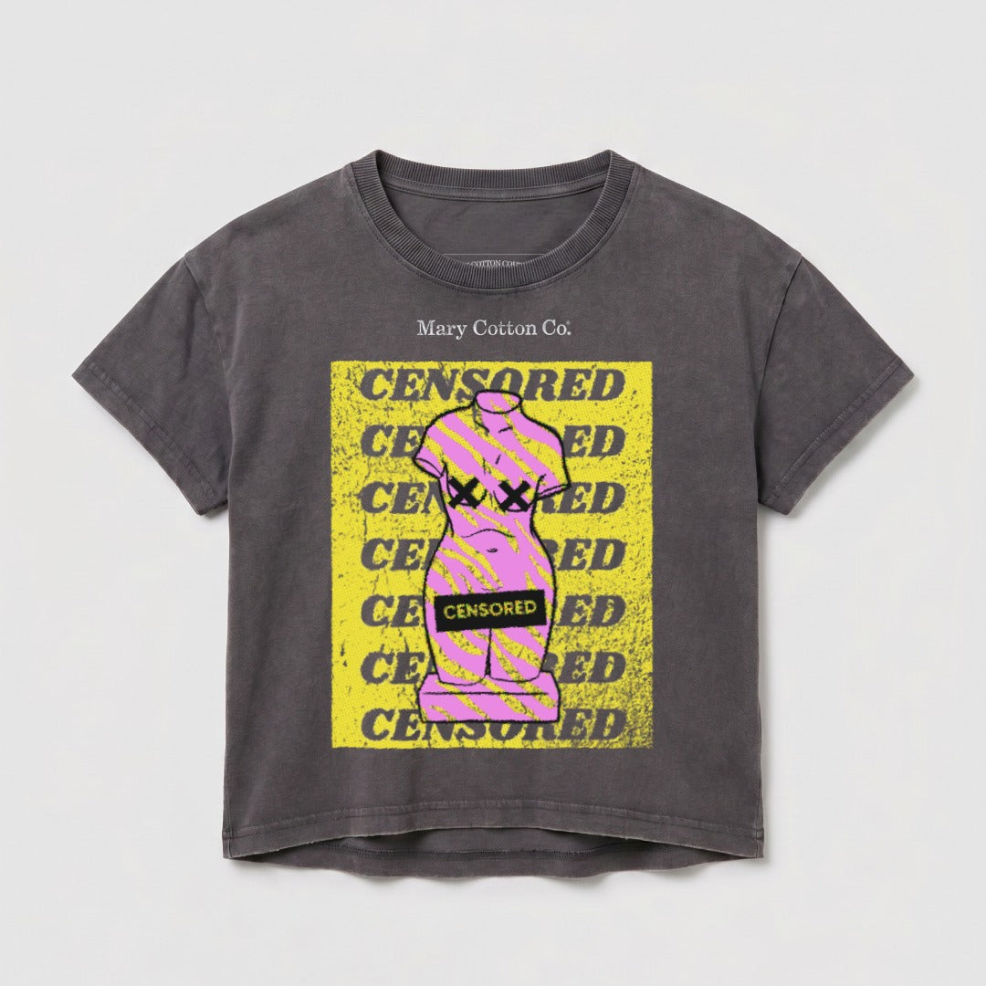 Dark grey cropped t-shirt with "CENSORED" graphic over a statue.