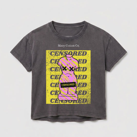 Dark grey cropped t-shirt with "CENSORED" graphic over a statue.