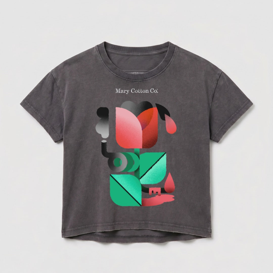 Gray t-shirt with abstract floral design and "Mary Cotton Co." text.